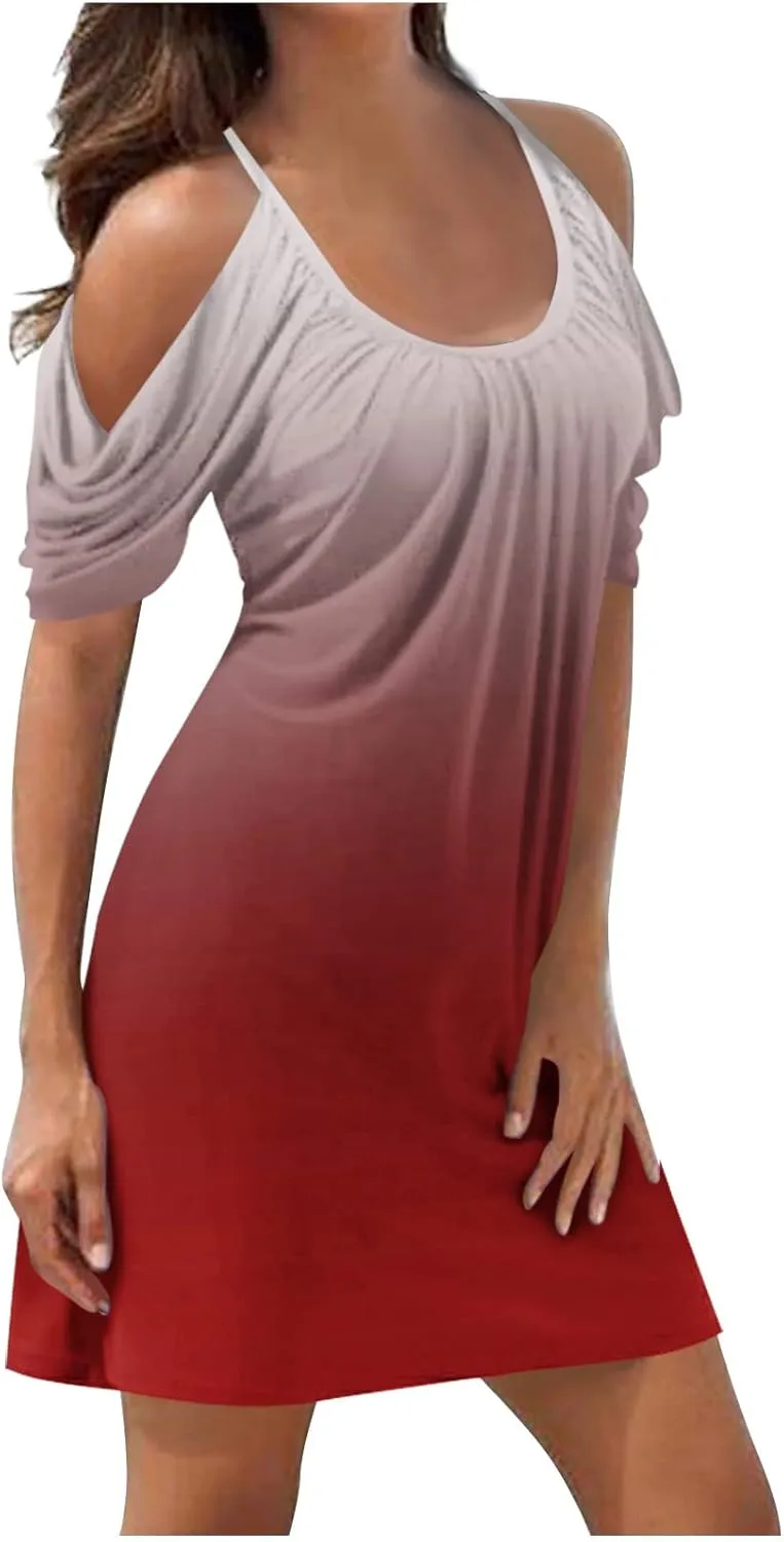 Mini Dresses Casual Summer Plus Size Spaghetti Strap Loose Fit Dresses Printed Open Shoulder Short Sleeve Dresses