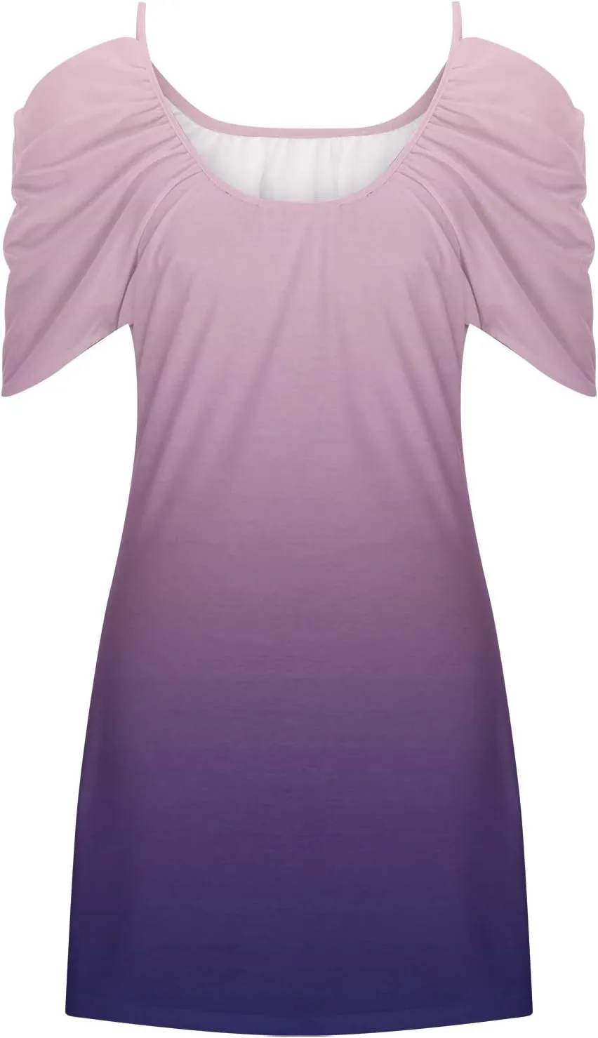Mini Dresses Casual Summer Plus Size Spaghetti Strap Loose Fit Dresses Printed Open Shoulder Short Sleeve Dresses