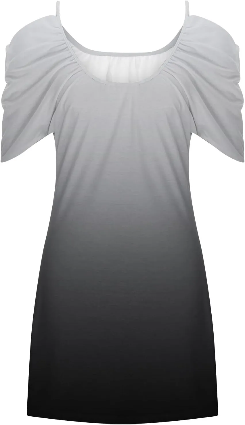 Mini Dresses Casual Summer Plus Size Spaghetti Strap Loose Fit Dresses Printed Open Shoulder Short Sleeve Dresses
