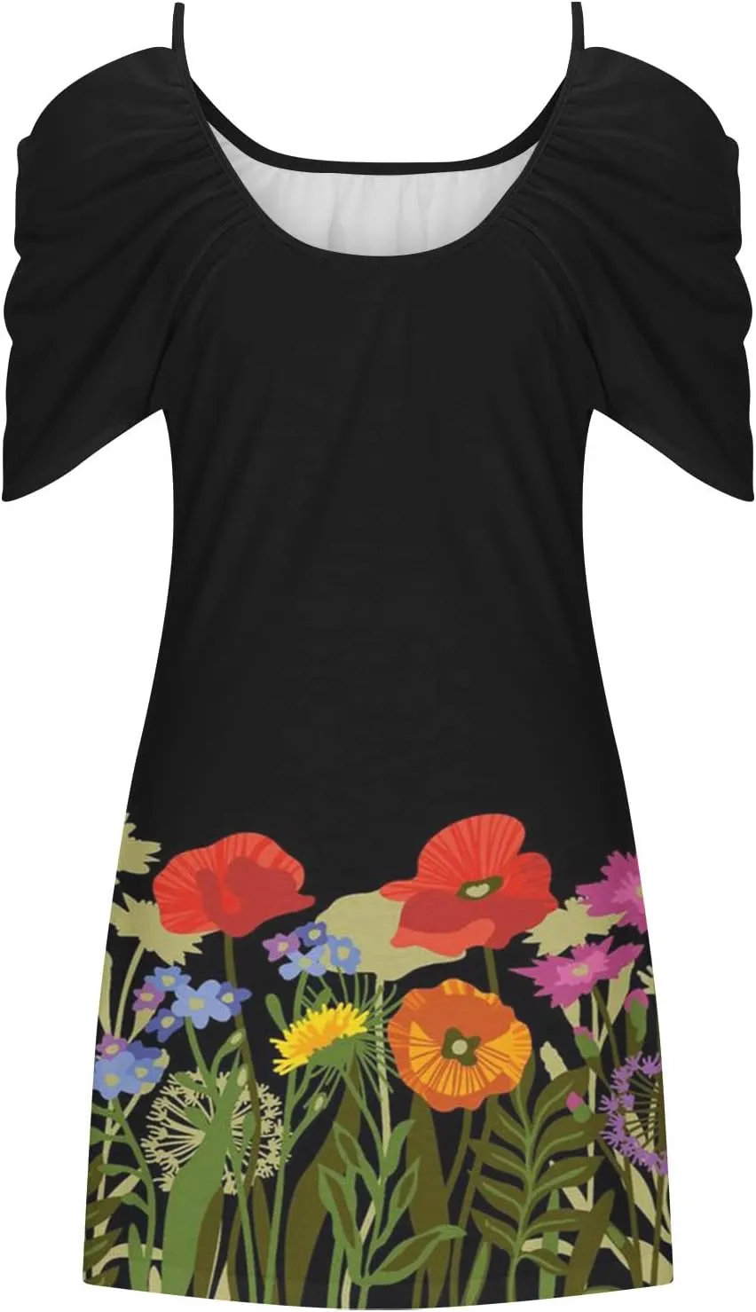 Mini Dresses Casual Summer Plus Size Spaghetti Strap Loose Fit Dresses Printed Open Shoulder Short Sleeve Dresses