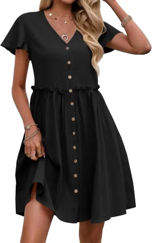 Mini Dresses for Women V Neck Ruffle Waist Pleated Hem Dress Short Sleeve Button Down Sundress Summer Dress 2025