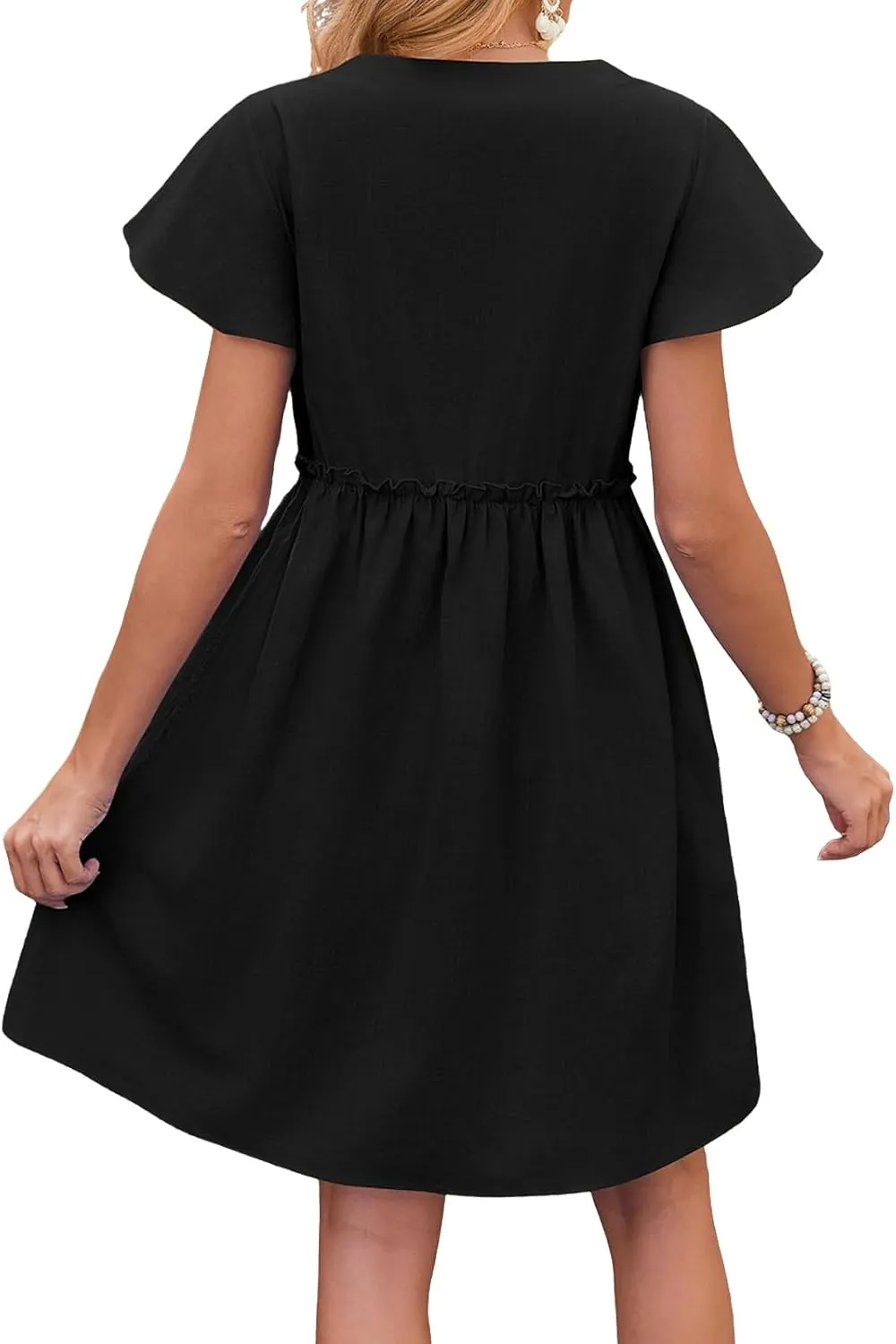 Mini Dresses for Women V Neck Ruffle Waist Pleated Hem Dress Short Sleeve Button Down Sundress Summer Dress 2025