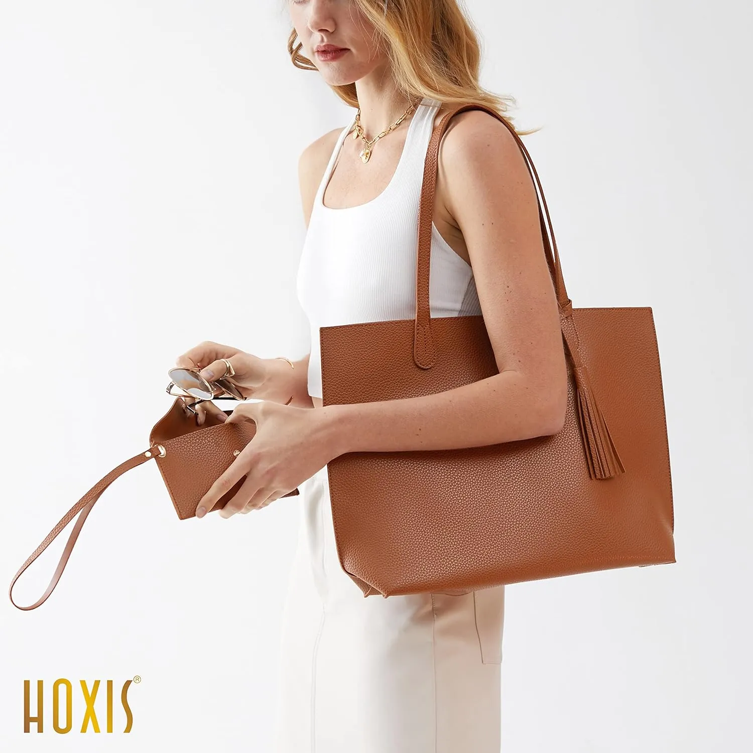 Minimalist Clean Cut Pebbled Faux Leather Tote Womens Shoulder Handbag