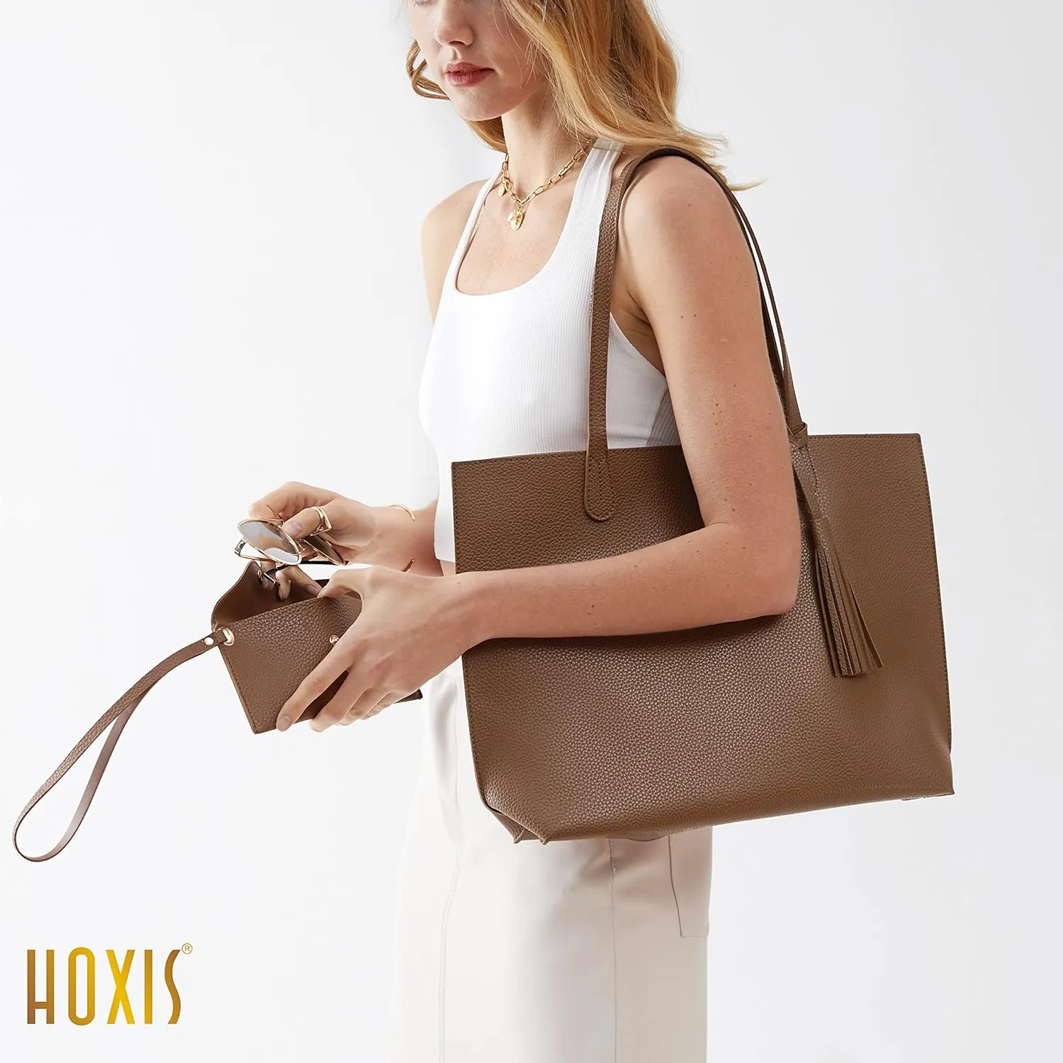 Minimalist Clean Cut Pebbled Faux Leather Tote Womens Shoulder Handbag