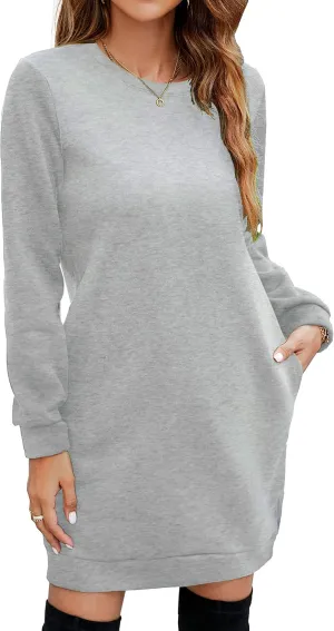 Miselon Women's Casual Fleece Long Pullover Sweatshirt Dress Long Sleeve Mini Sweater Dresses with Pockets