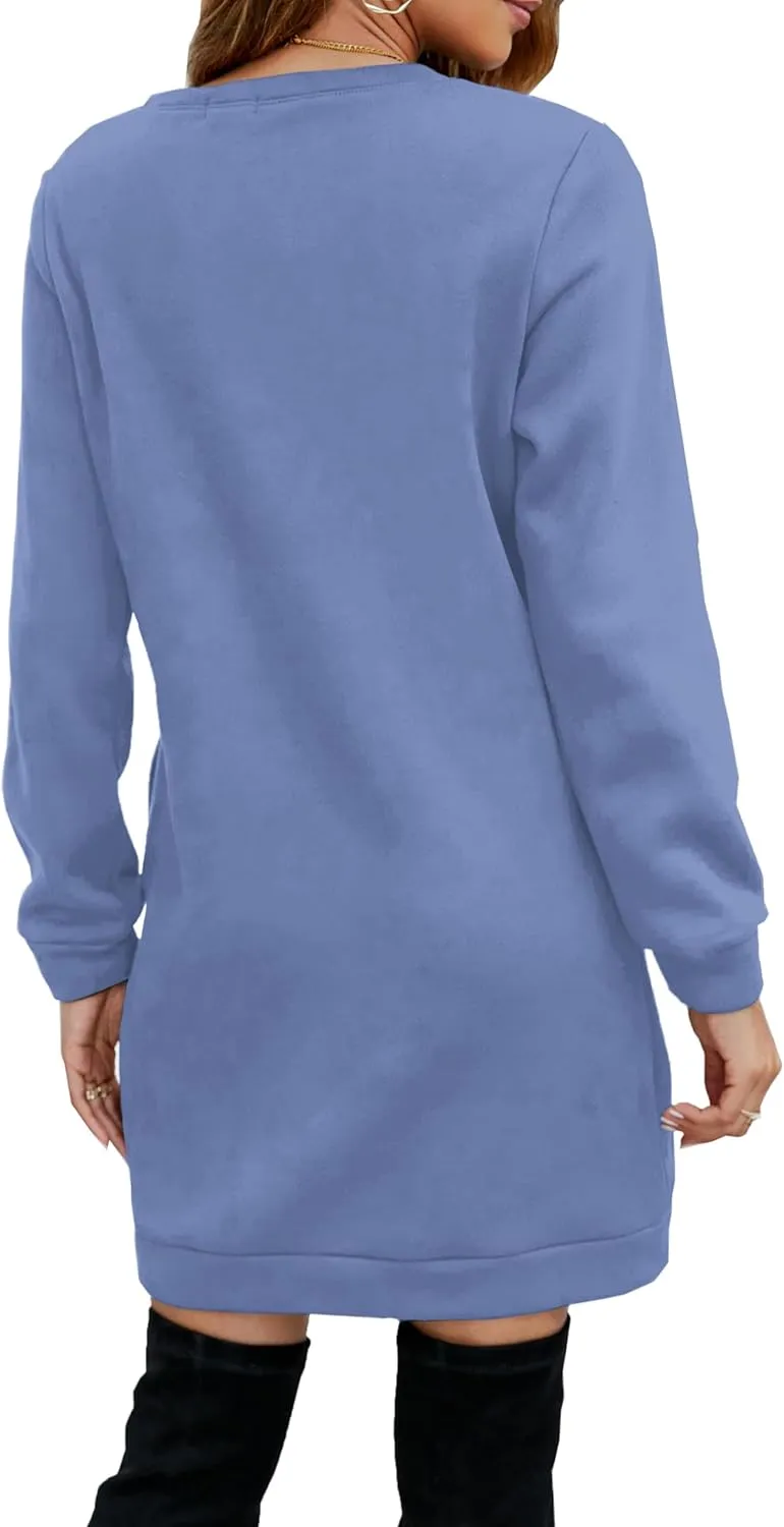 Miselon Women's Casual Fleece Long Pullover Sweatshirt Dress Long Sleeve Mini Sweater Dresses with Pockets
