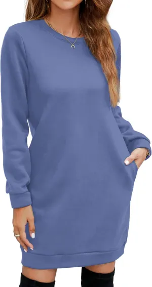 Miselon Women's Casual Fleece Long Pullover Sweatshirt Dress Long Sleeve Mini Sweater Dresses with Pockets