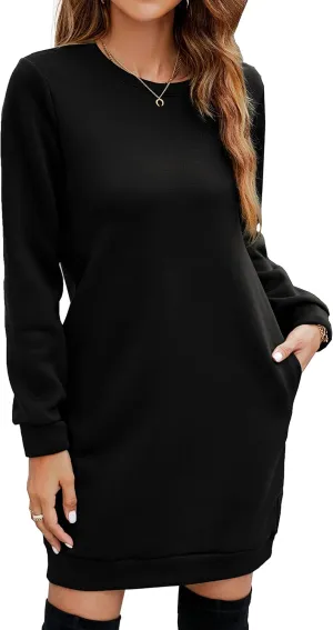 Miselon Women's Casual Fleece Long Pullover Sweatshirt Dress Long Sleeve Mini Sweater Dresses with Pockets