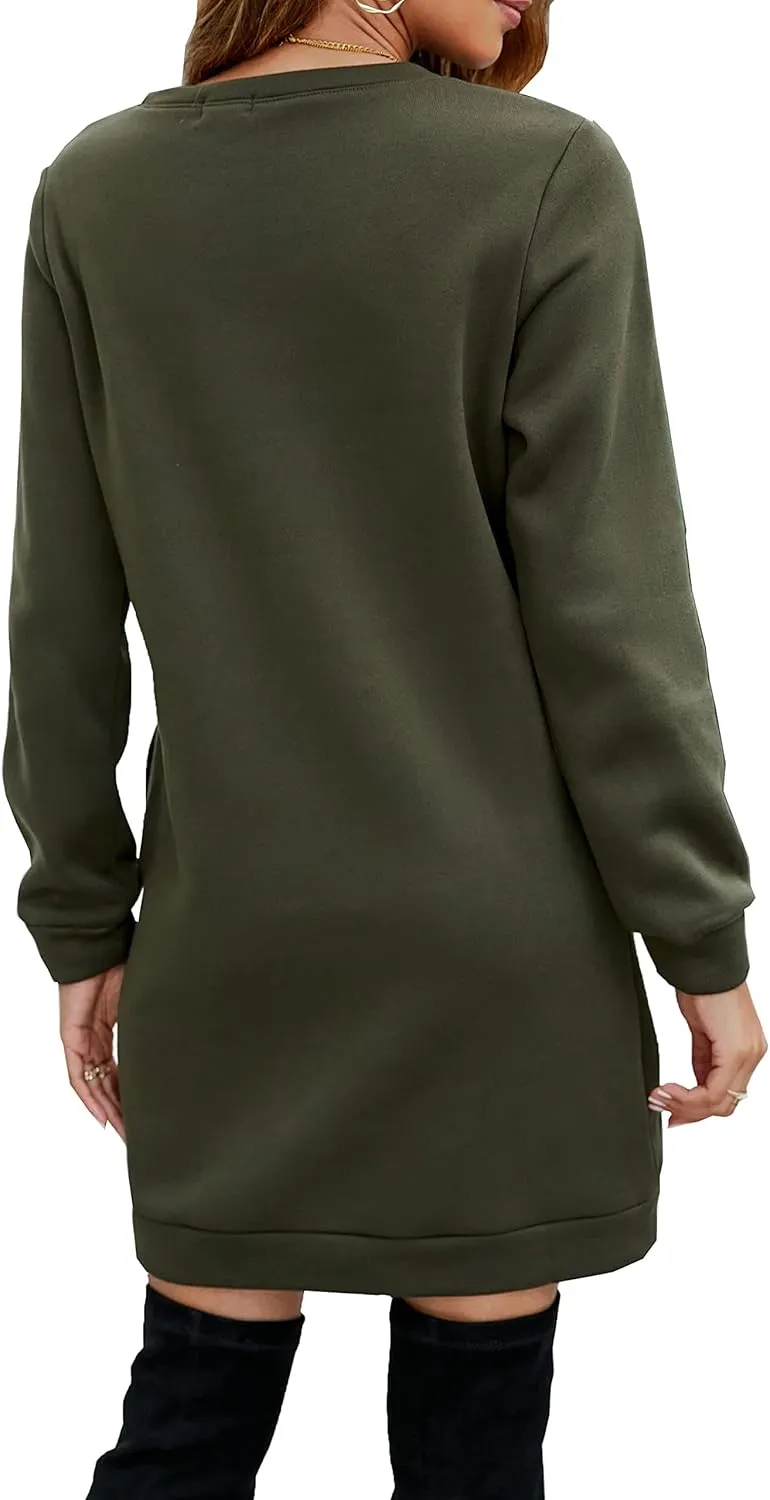 Miselon Women's Casual Fleece Long Pullover Sweatshirt Dress Long Sleeve Mini Sweater Dresses with Pockets
