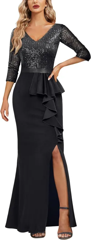 MISSMAY Women's Elegant Sequin V-Neck Evening Party Mermaid Long Dress