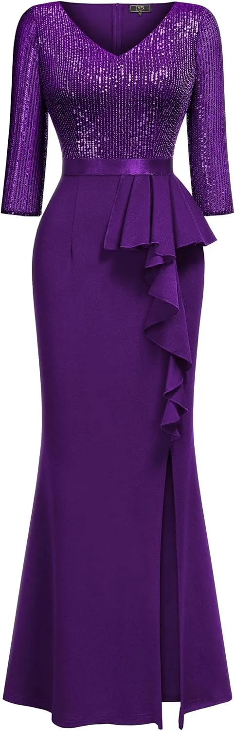 MISSMAY Women's Elegant Sequin V-Neck Evening Party Mermaid Long Dress