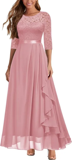 Miusol Women's Elegant Floral Lace Retro 3/4 Sleeve Contrast Bridesmaid Maxi Dress