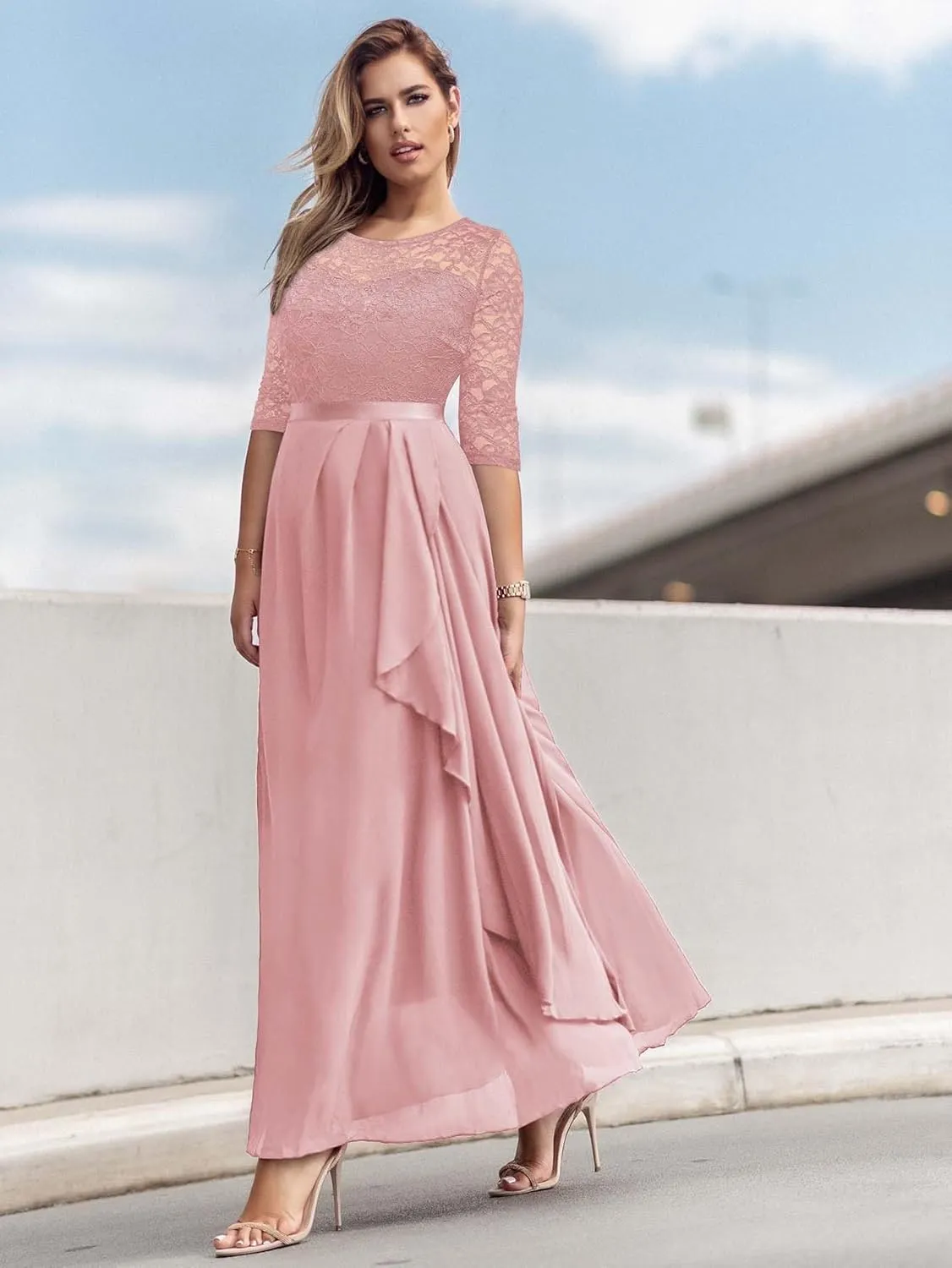 Miusol Women's Elegant Floral Lace Retro 3/4 Sleeve Contrast Bridesmaid Maxi Dress