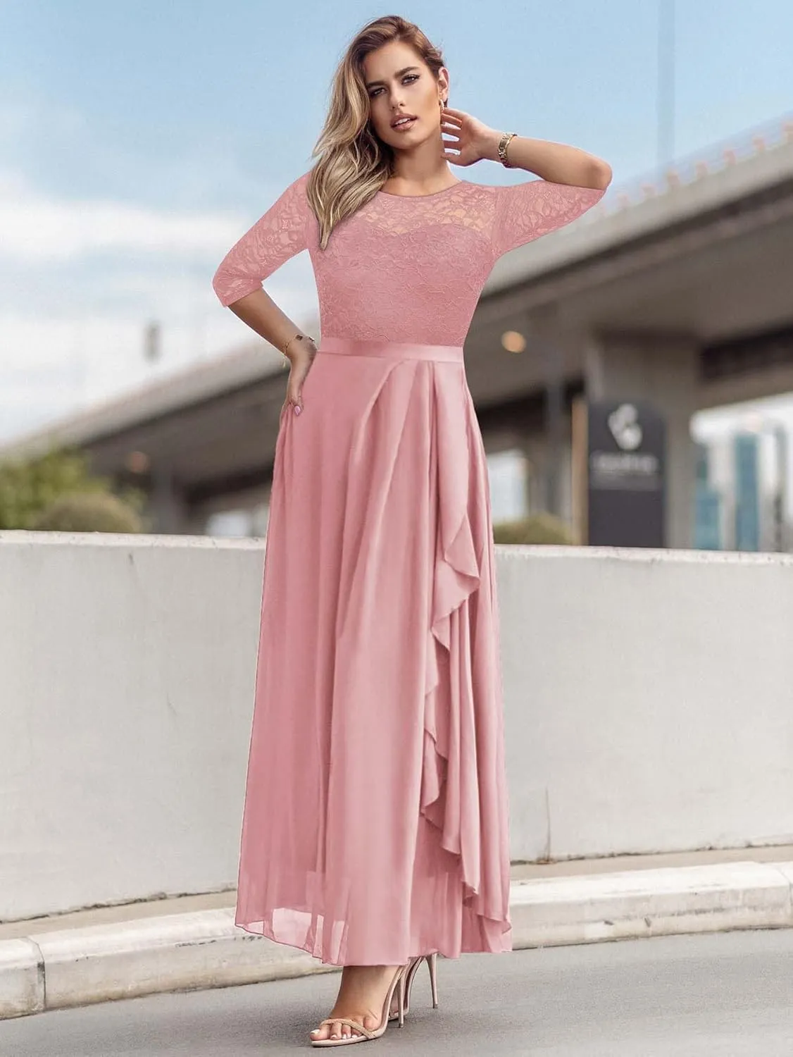 Miusol Women's Elegant Floral Lace Retro 3/4 Sleeve Contrast Bridesmaid Maxi Dress