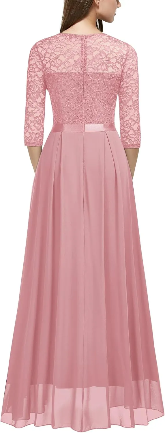 Miusol Women's Elegant Floral Lace Retro 3/4 Sleeve Contrast Bridesmaid Maxi Dress