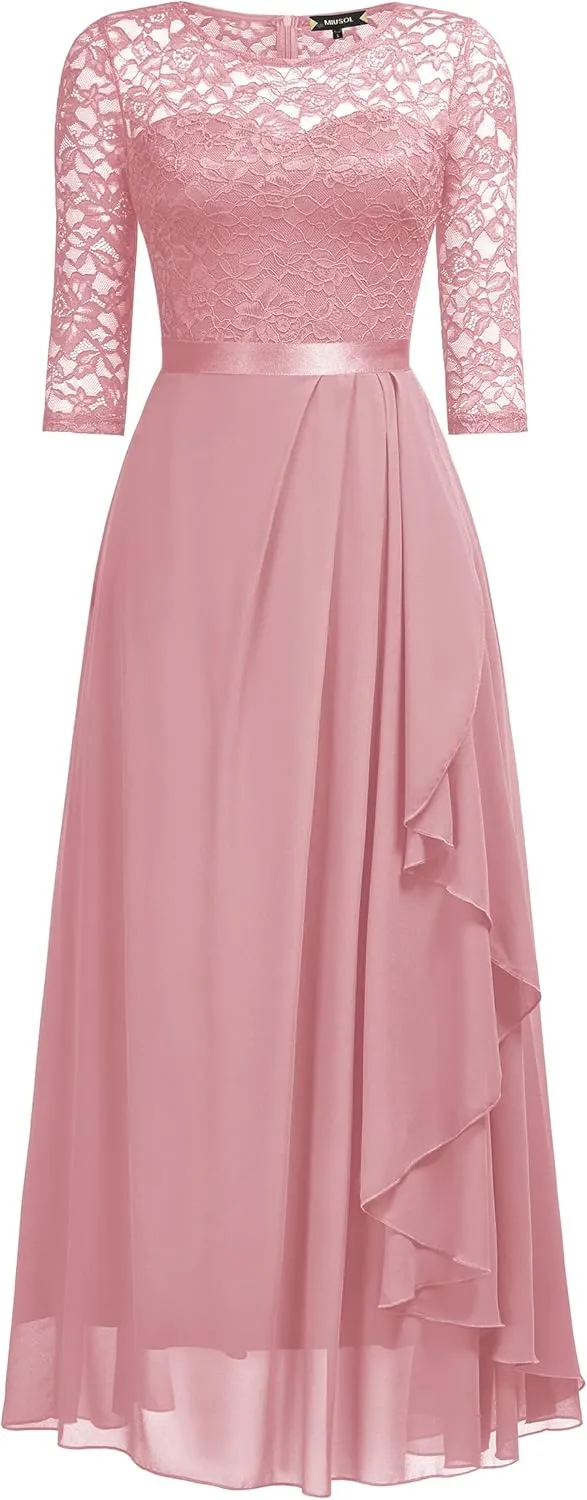 Miusol Women's Elegant Floral Lace Retro 3/4 Sleeve Contrast Bridesmaid Maxi Dress
