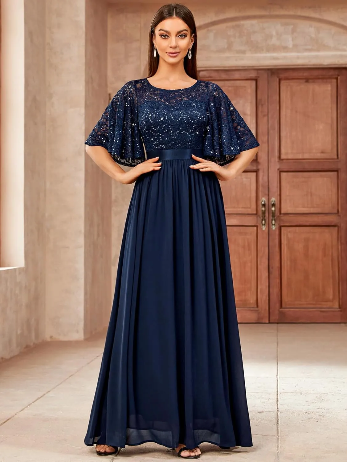 Miusol Women's Elegant Sequin Lace Butterfly Sleeve Formal Evening Maxi Dress