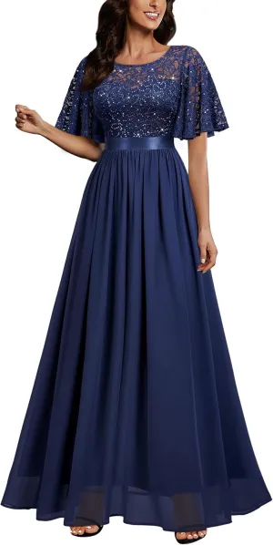 Miusol Women's Elegant Sequin Lace Butterfly Sleeve Formal Evening Maxi Dress