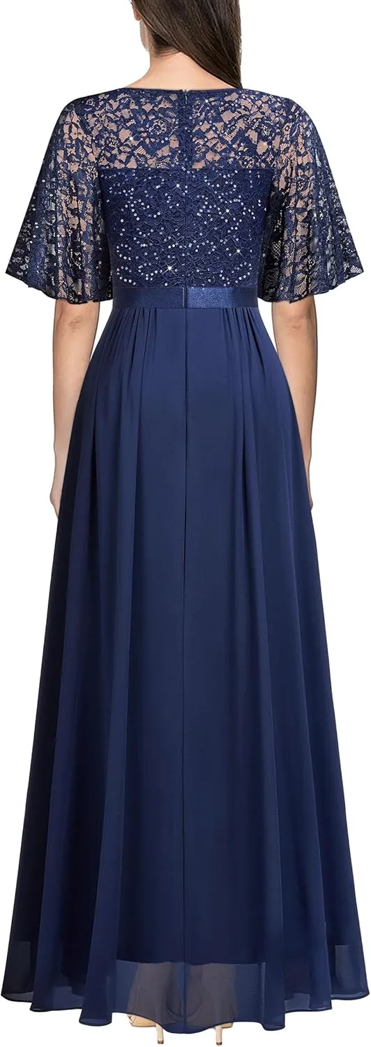 Miusol Women's Elegant Sequin Lace Butterfly Sleeve Formal Evening Maxi Dress