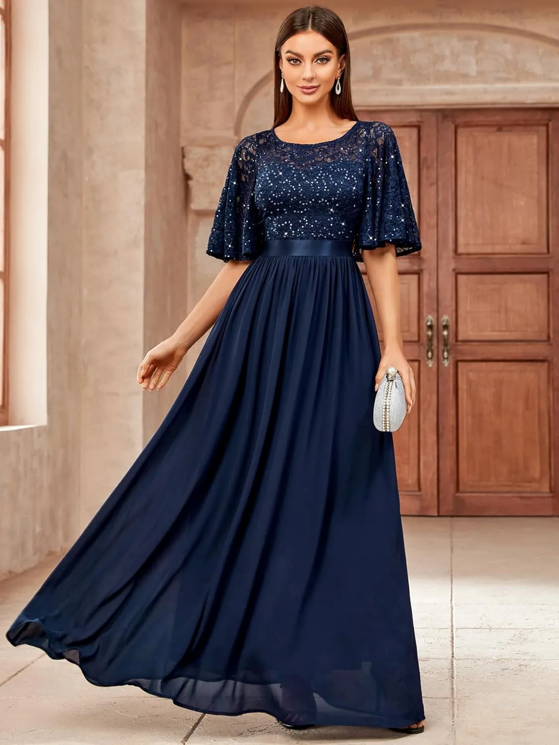 Miusol Women's Elegant Sequin Lace Butterfly Sleeve Formal Evening Maxi Dress