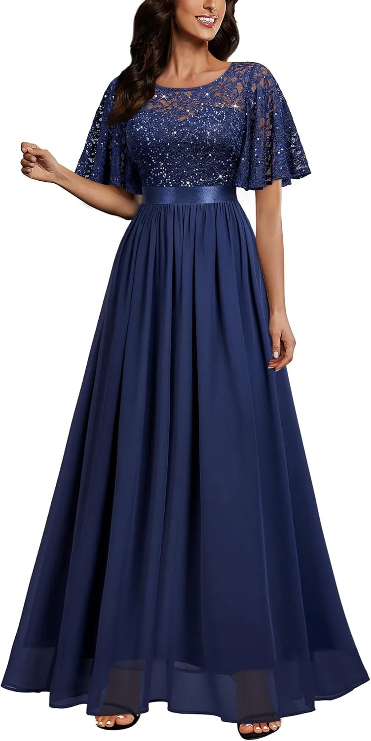 Miusol Women's Elegant Sequin Lace Butterfly Sleeve Formal Evening Maxi Dress
