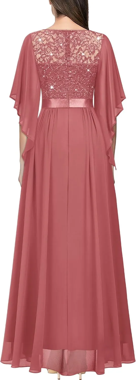 Miusol Women's Elegant Style Sequin Lace Contrast Chiffon Bridesmaid Party Maxi Dress