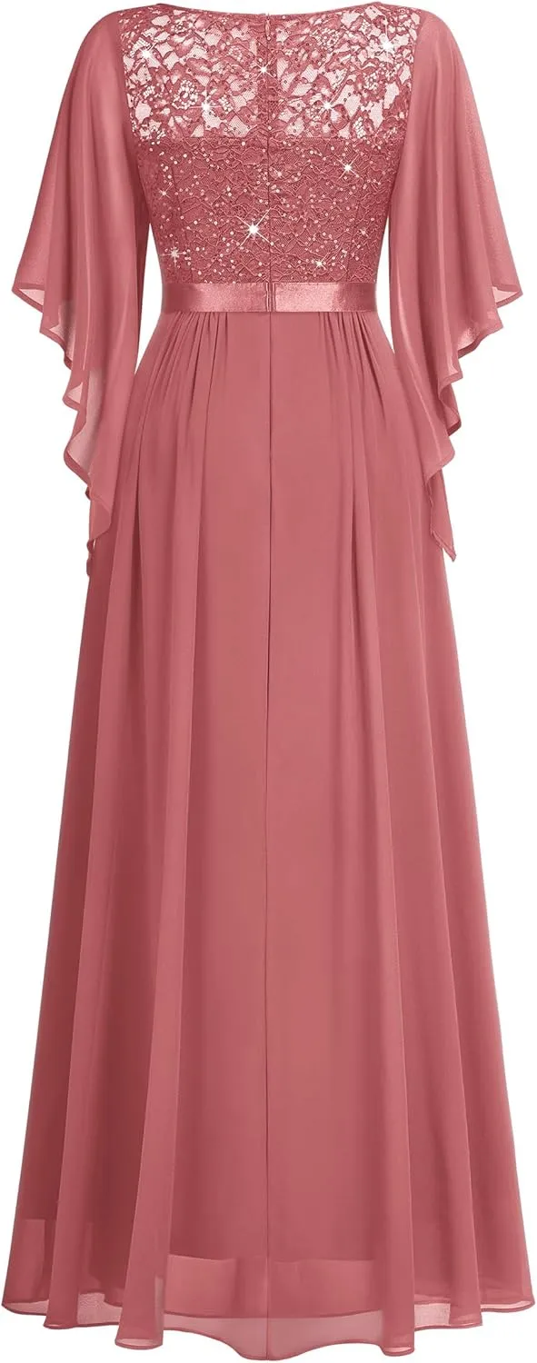 Miusol Women's Elegant Style Sequin Lace Contrast Chiffon Bridesmaid Party Maxi Dress