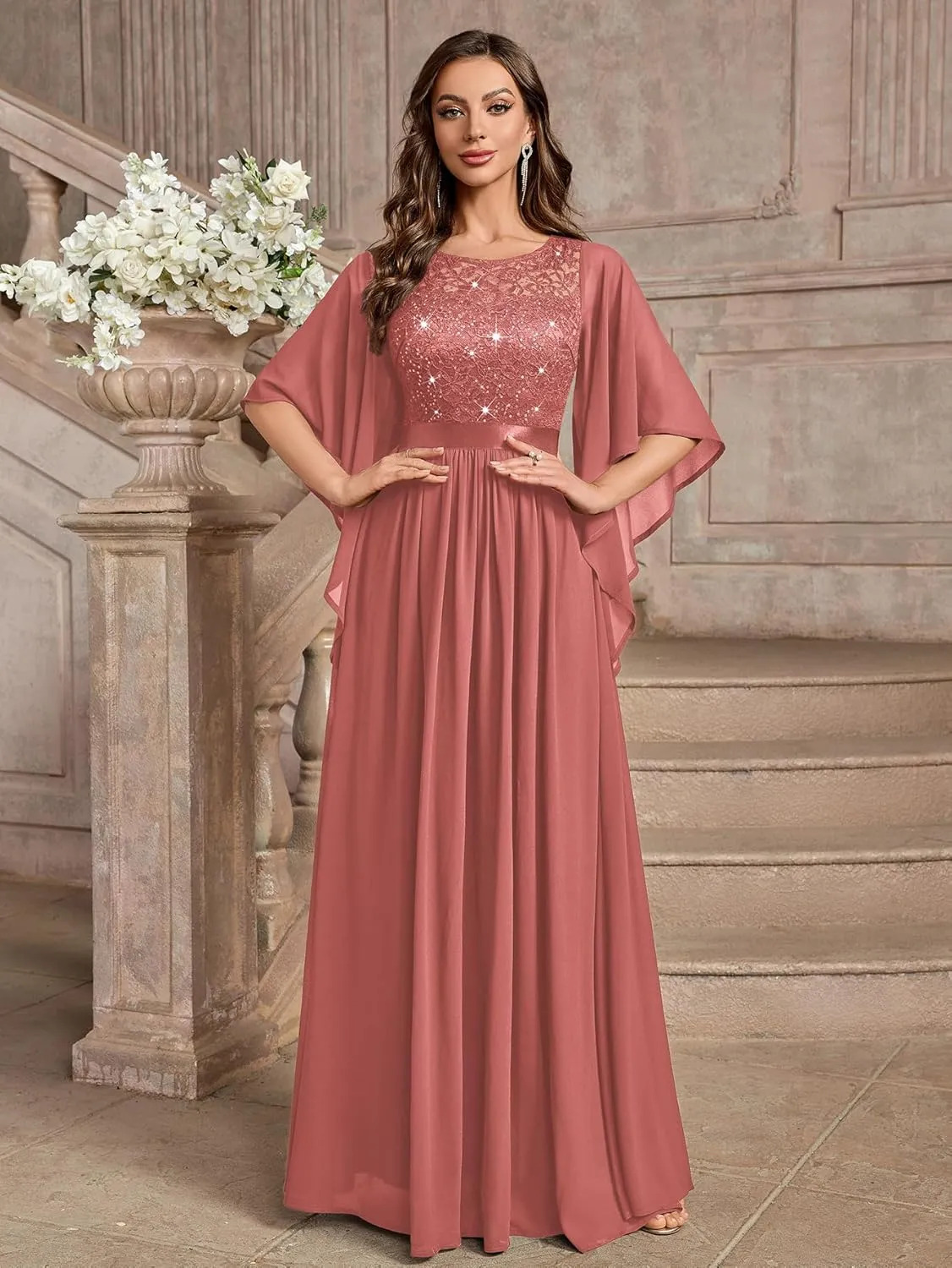 Miusol Women's Elegant Style Sequin Lace Contrast Chiffon Bridesmaid Party Maxi Dress