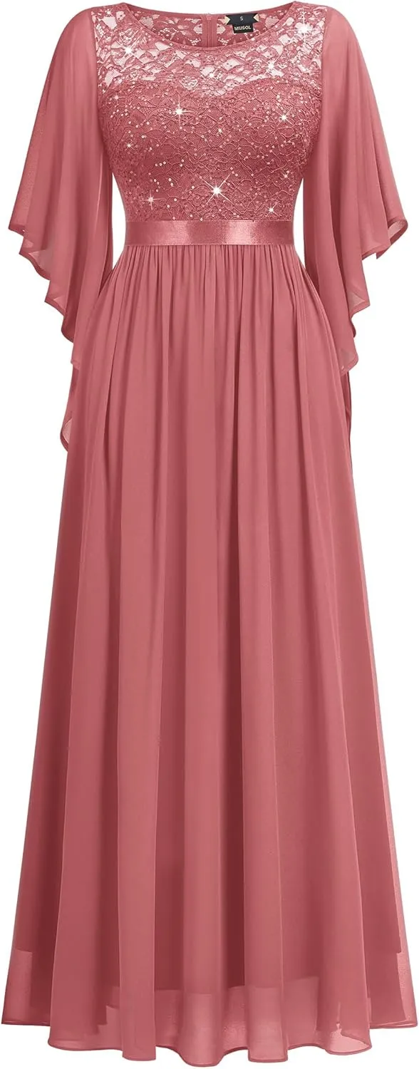 Miusol Women's Elegant Style Sequin Lace Contrast Chiffon Bridesmaid Party Maxi Dress