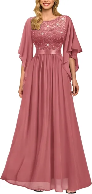 Miusol Women's Elegant Style Sequin Lace Contrast Chiffon Bridesmaid Party Maxi Dress