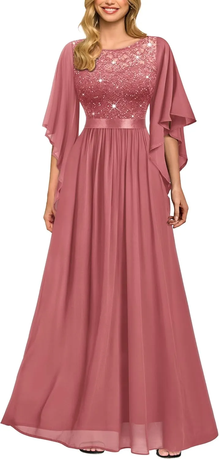 Miusol Women's Elegant Style Sequin Lace Contrast Chiffon Bridesmaid Party Maxi Dress