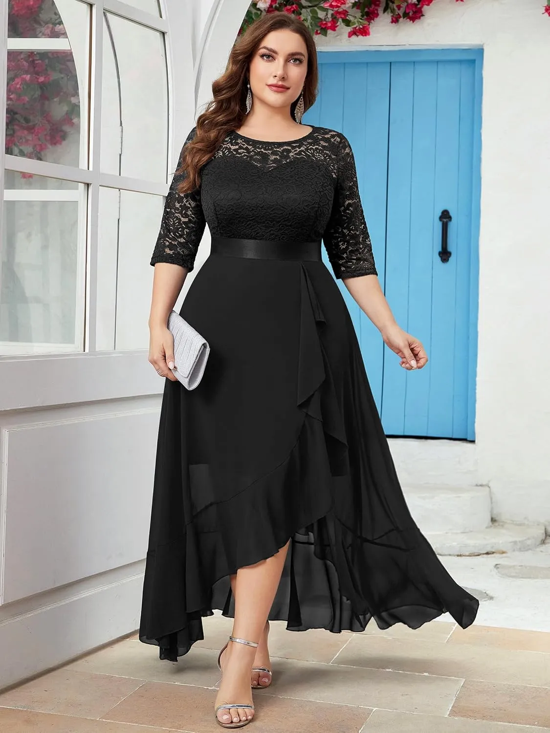 Miusol Women's Plus Size Elegant Ruffle Floral Lace Bridesmaid Maxi Dress