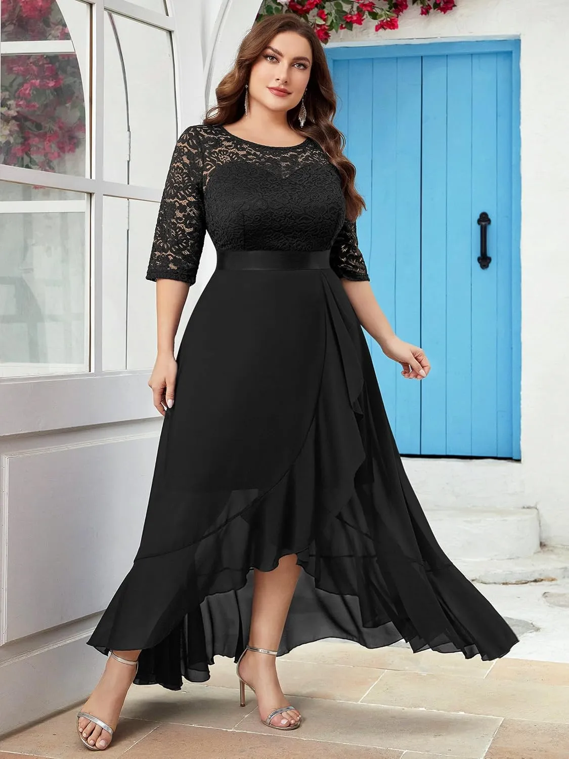Miusol Women's Plus Size Elegant Ruffle Floral Lace Bridesmaid Maxi Dress