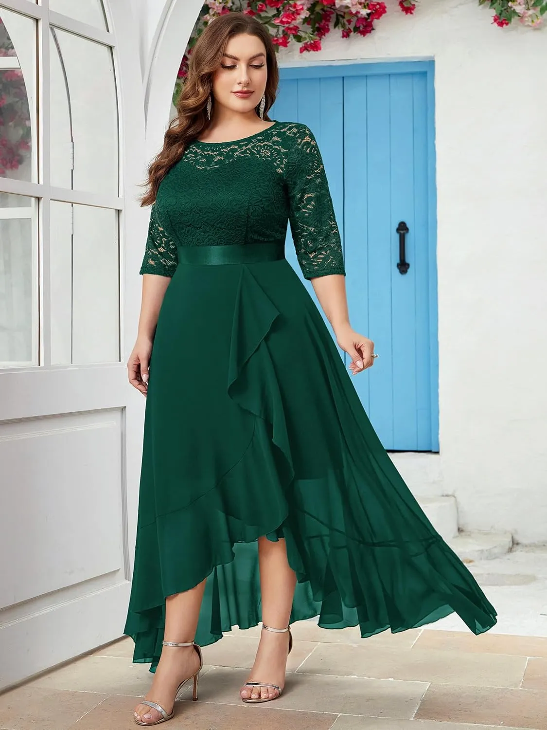 Miusol Women's Plus Size Elegant Ruffle Floral Lace Bridesmaid Maxi Dress