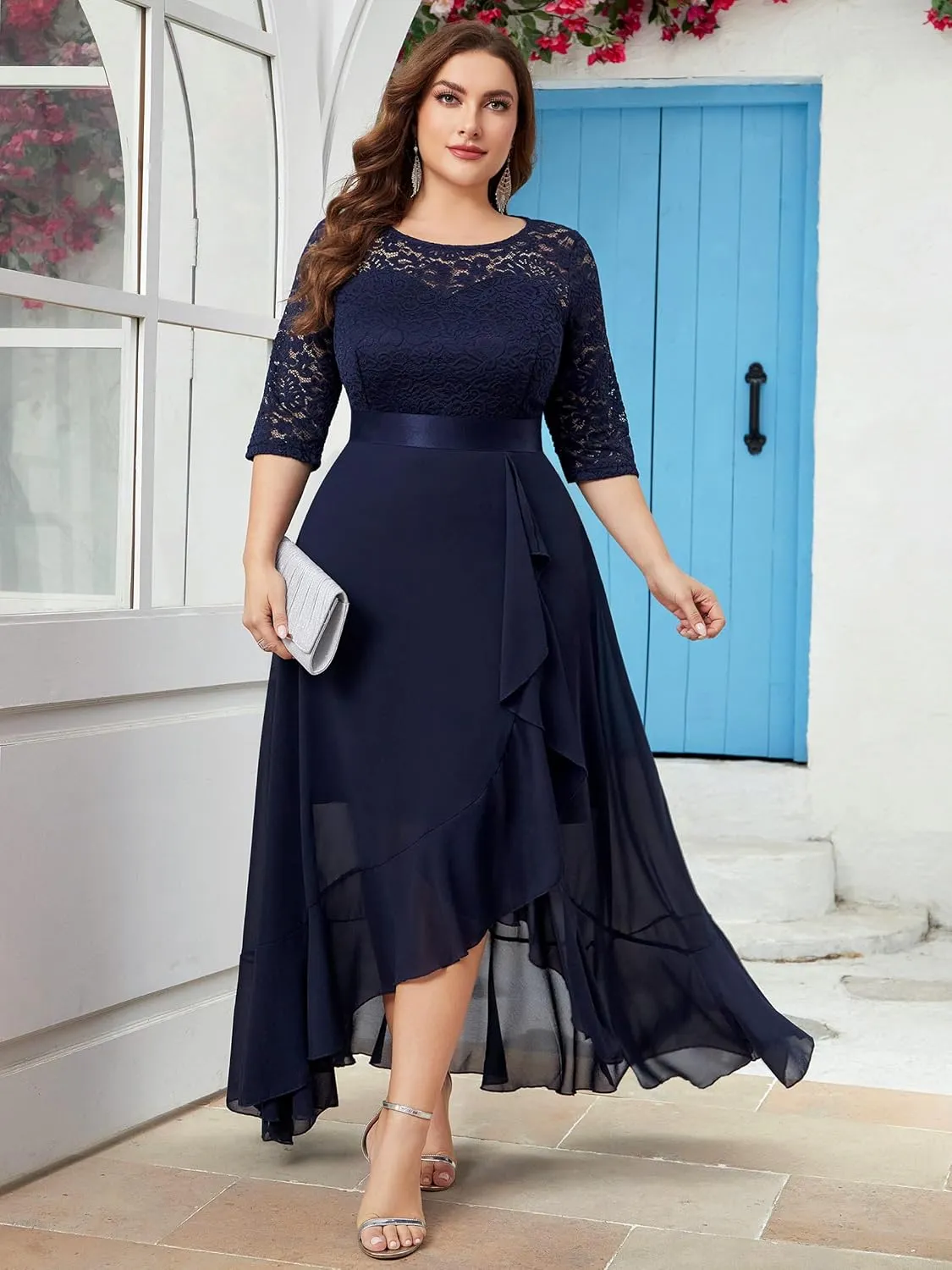 Miusol Women's Plus Size Elegant Ruffle Floral Lace Bridesmaid Maxi Dress