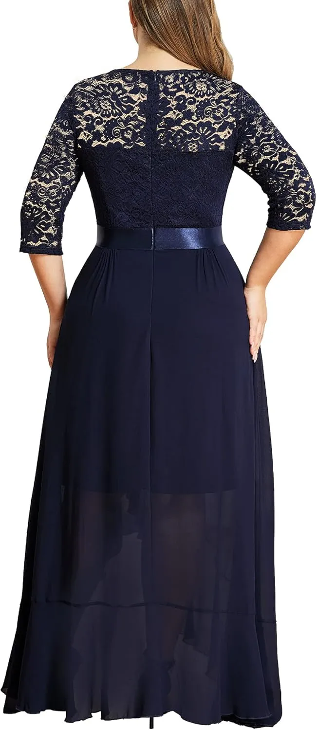 Miusol Women's Plus Size Elegant Ruffle Floral Lace Bridesmaid Maxi Dress