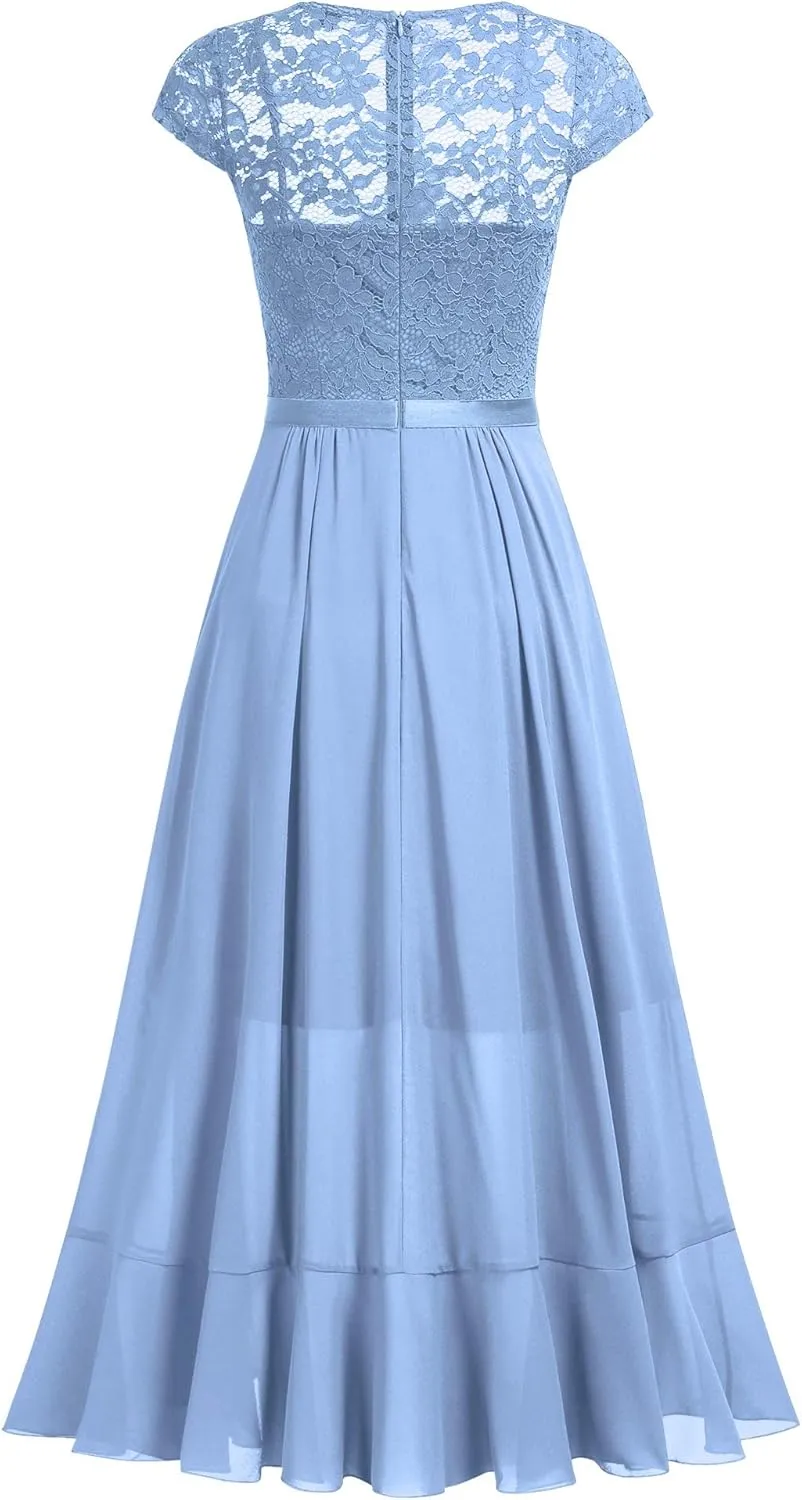 Miusol Women's V Neck Elegant Lace Ruffle Bridesmaid Maxi Dress