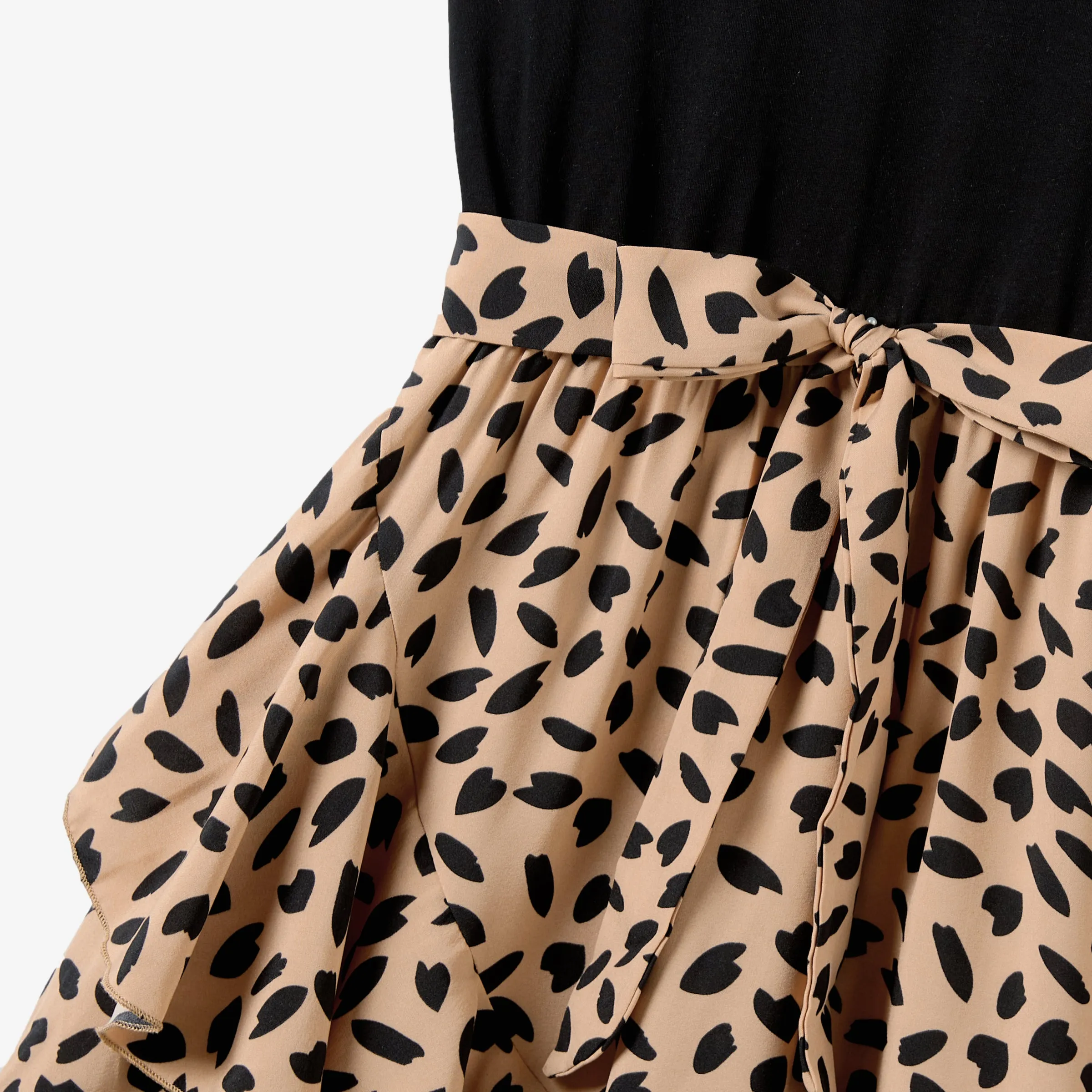 Mommy and Me Black Tank Top Splicing Leopard Print Frill Wrap Dresses