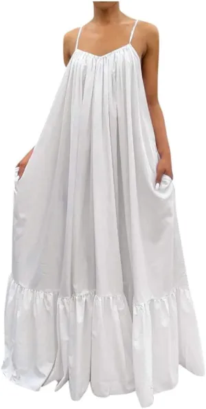 NaRHbrg Plus Size Women's Casual Loose Sundress Long Dress Sleeveless Maxi Dresses Summer Beach Flowy Dress with Pockets