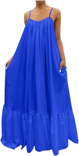 NaRHbrg Plus Size Women's Casual Loose Sundress Long Dress Sleeveless Maxi Dresses Summer Beach Flowy Dress with Pockets