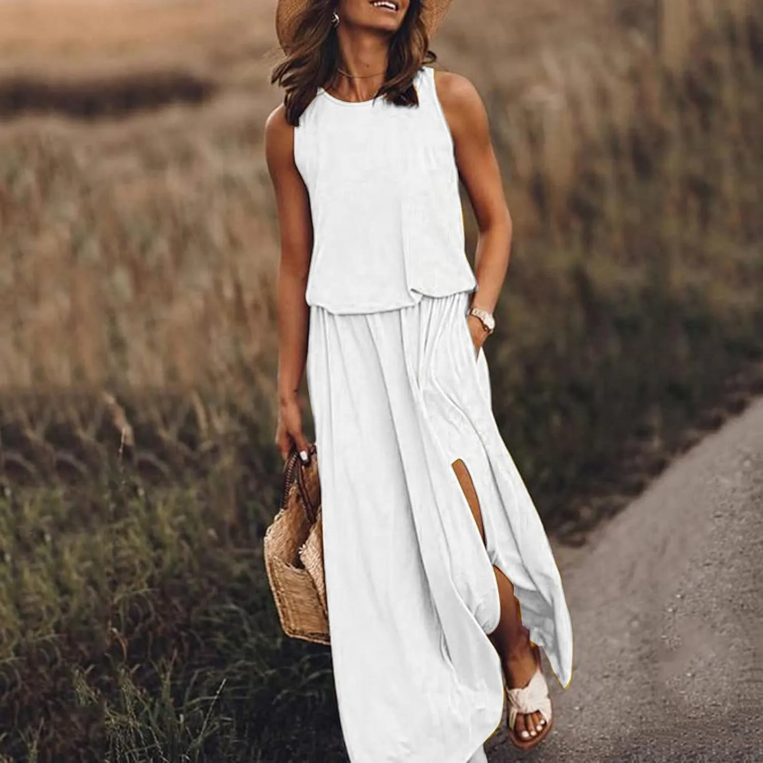 NaRHbrg Women Summer Dresses Sleeveless Casual Summer Maxi Dress Smocked Flowy Irregular Hem Sundresses Beach Long Tank Dress