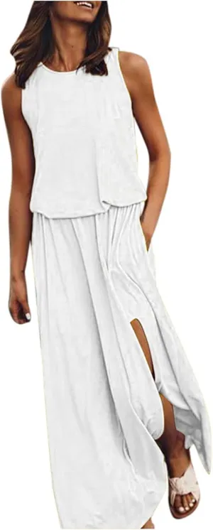 NaRHbrg Women Summer Dresses Sleeveless Casual Summer Maxi Dress Smocked Flowy Irregular Hem Sundresses Beach Long Tank Dress