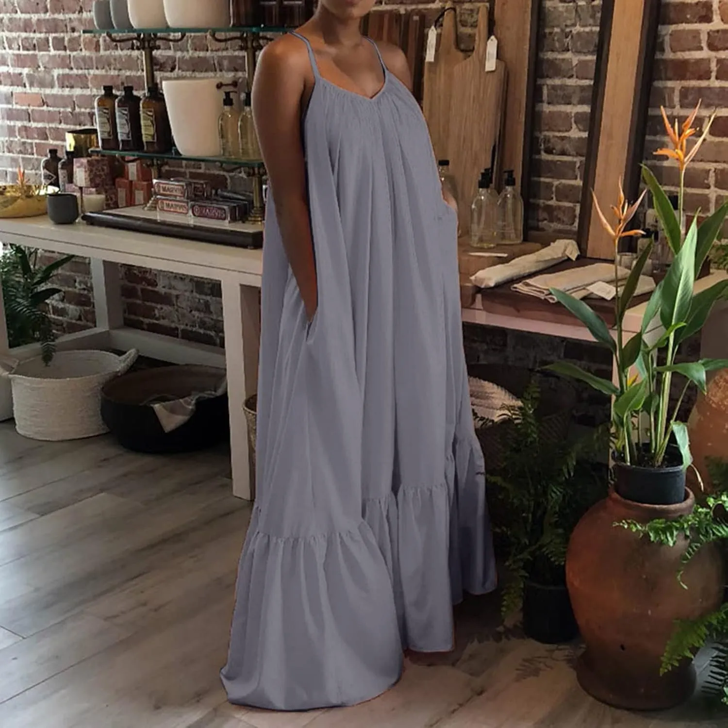 NaRHbrg Women Summer Maxi Dresses Sexy Spaghetti Strap Sleeveless Long Dress Sundress Tiered Ruffle Boho Cami Beach Dress