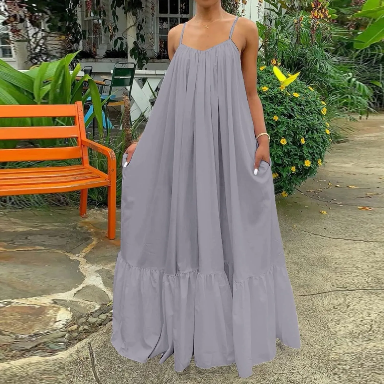 NaRHbrg Women Summer Maxi Dresses Sexy Spaghetti Strap Sleeveless Long Dress Sundress Tiered Ruffle Boho Cami Beach Dress