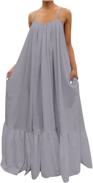 NaRHbrg Women Summer Maxi Dresses Sexy Spaghetti Strap Sleeveless Long Dress Sundress Tiered Ruffle Boho Cami Beach Dress