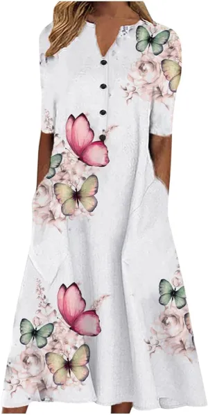 NaRHbrg Womens Summer Dress Casual Floral Print Midi Dress Button V Neck Short Sleeve Dresses Flowy Boho Beach Party Sundress