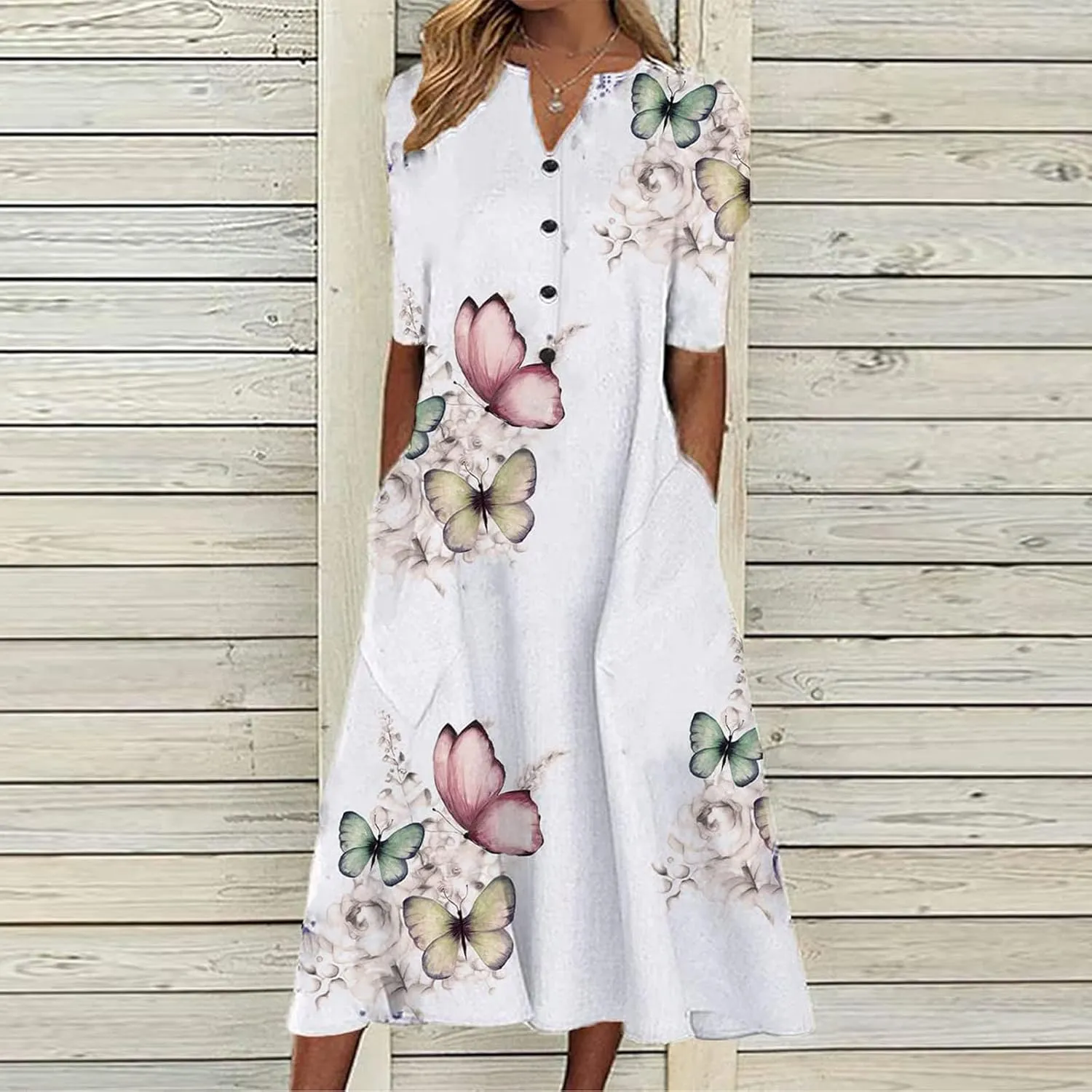 NaRHbrg Womens Summer Dress Casual Floral Print Midi Dress Button V Neck Short Sleeve Dresses Flowy Boho Beach Party Sundress
