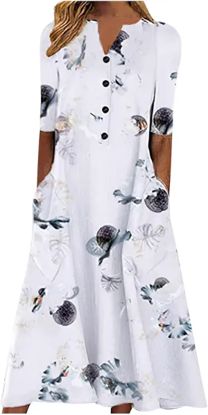 NaRHbrg Womens Summer Dress Casual Floral Print Midi Dress Button V Neck Short Sleeve Dresses Flowy Boho Beach Party Sundress