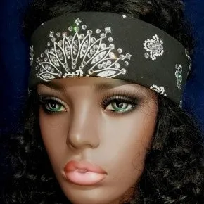 Narrow Black Paisley Bandana With Diamond Clear Austrian Crystals (Sku2055)