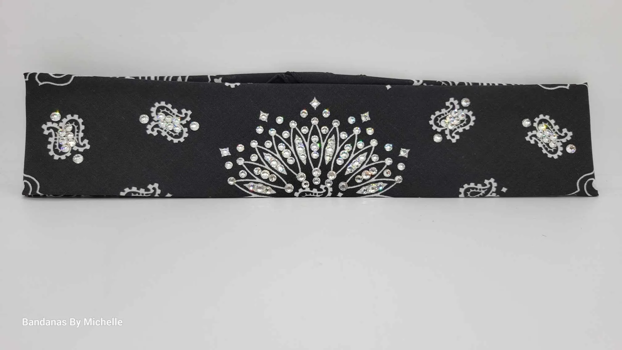 Narrow Black Paisley Bandana With Diamond Clear Austrian Crystals (Sku2055)